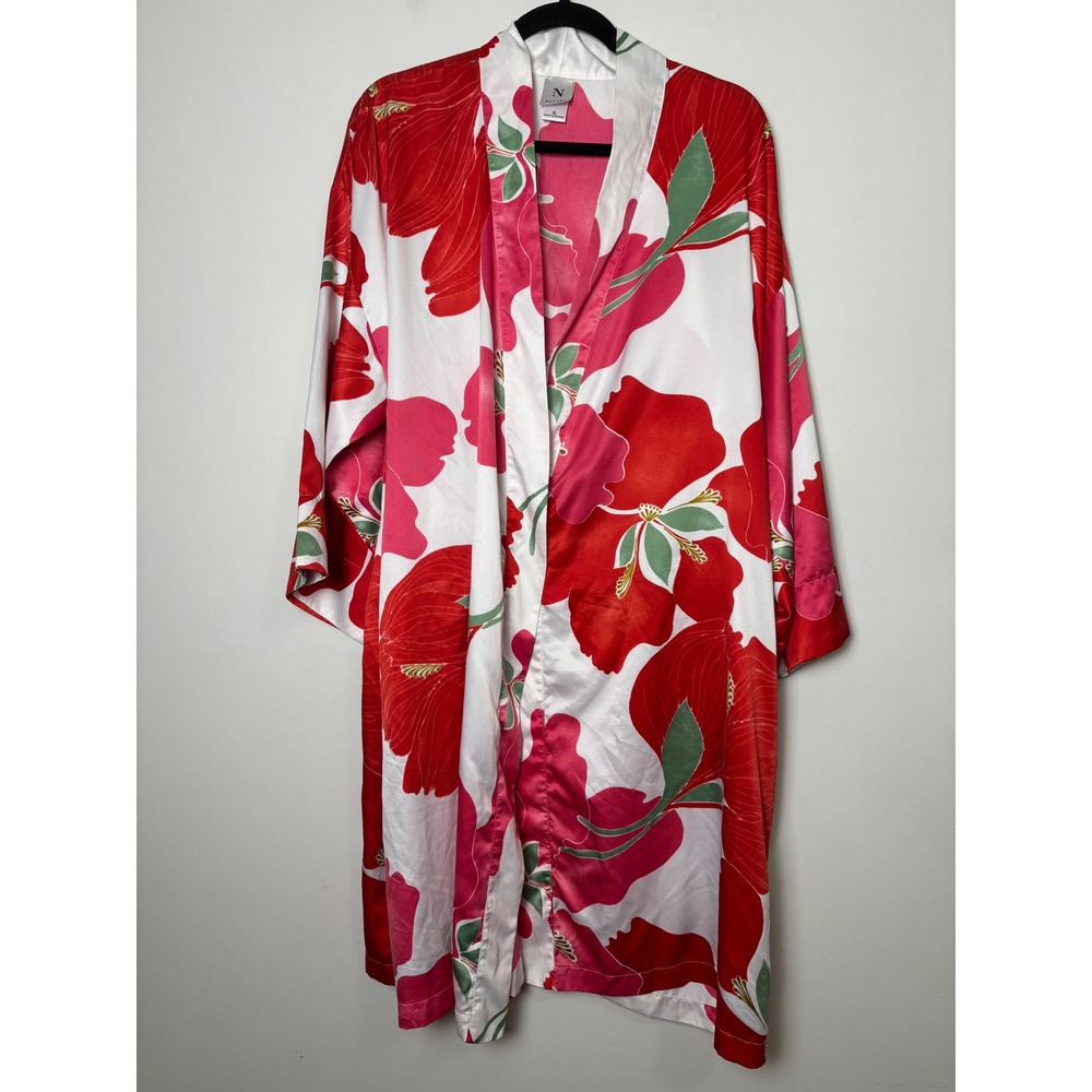 Natori Womens Silky Satin Kimono Robe XL Tropical Hibiscus Floral Loungewear